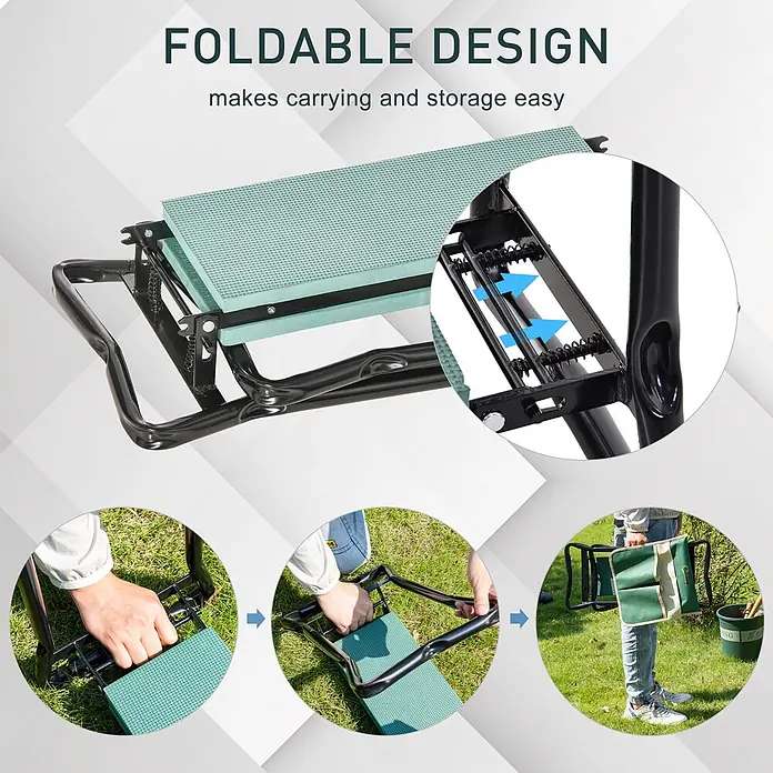 Outsunny Gartenbank Kniebank - Stahl, Metall, EVA Schaumstoff, Grün, Schwarz, Klappbar - Schwarzer Metall-Gartenhocker mit grünem Kissen, zeigt das faltbare Design für einfaches Tragen und Verstauen.