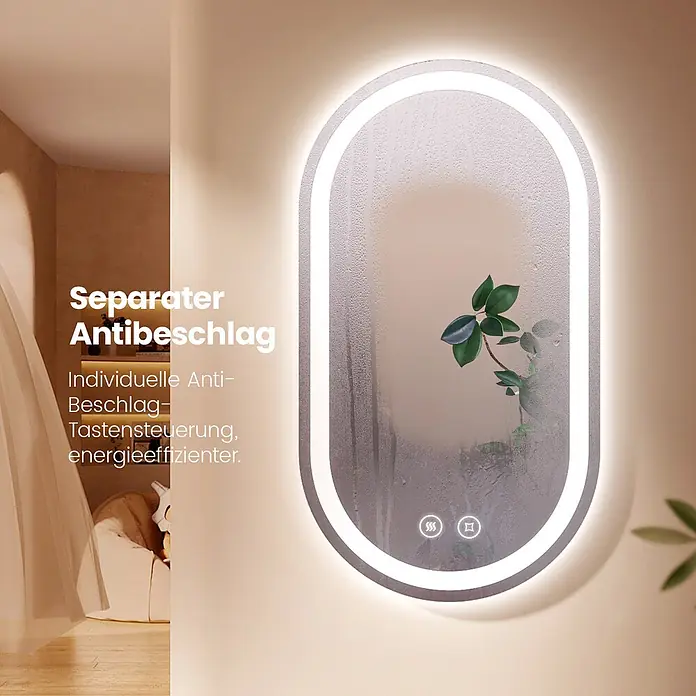 Emke Lichtspiegel Dimlite OLM06 - 50 x 90 cm - Ovaler beleuchteter Anti-Beschlag-Spiegel mit Touch-Bedienung, an der Wand montiert.