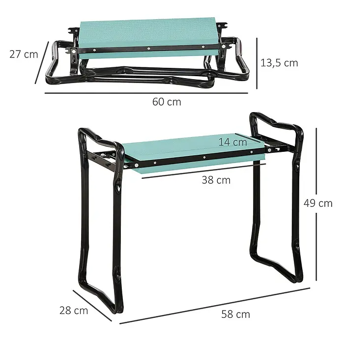 Outsunny Kniebank Schwarz+Dunkelgrün 58L x 28B x 49H cm -  - Faltbarer Gartenkniesitz und -hocker mit schwarzem Metallrahmen und türkiser Polsterung, Maße angezeigt.