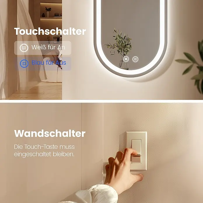 Emke Lichtspiegel Dimlite OLM06 - 50 x 90 cm - Ein beleuchteter Badezimmerspiegel mit integrierten Touch-Bedienfeldern (Entfeuchtung, Licht) und einem externen Wandschalter zur Stromversorgung, der deren Funktion erklärt.