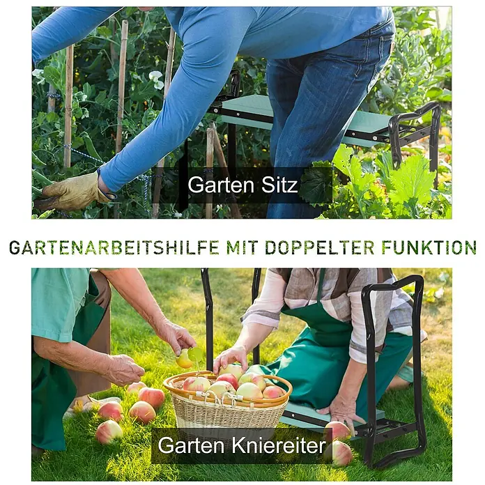 Outsunny Kniebank Schwarz+Dunkelgrün 58L x 28B x 49H cm -  - Schwarzmetallener Garten-Kniehocker/-Sitz mit hellgrüner Polsterung, beim Gärtnern als Sitz und Kniehilfe verwendet.