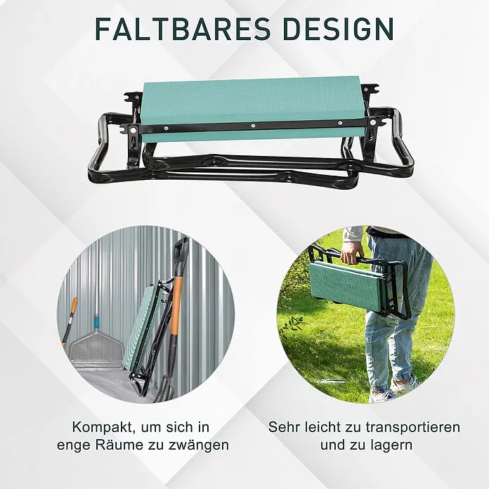 Outsunny Kniebank Schwarz+Dunkelgrün 58L x 28B x 49H cm -  - Faltbarer Gartenhocker/Kniebank mit grüner Polsterung und schwarzem Gestell. Kompakt zu verstauen und leicht zu tragen.