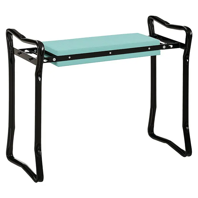 Outsunny Kniebank Schwarz+Dunkelgrün 58L x 28B x 49H cm -  - Schwarze Metall-Gartenkniestuhl und Sitzbank mit türkisem Polster.
