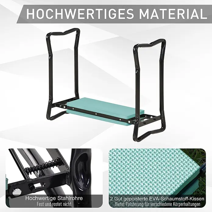 Outsunny Kniebank Schwarz+Dunkelgrün 58L x 28B x 49H cm -  - Schwarze Gartenkniebank aus Stahl mit zwei türkisen EVA-Schaumstoffkissen.