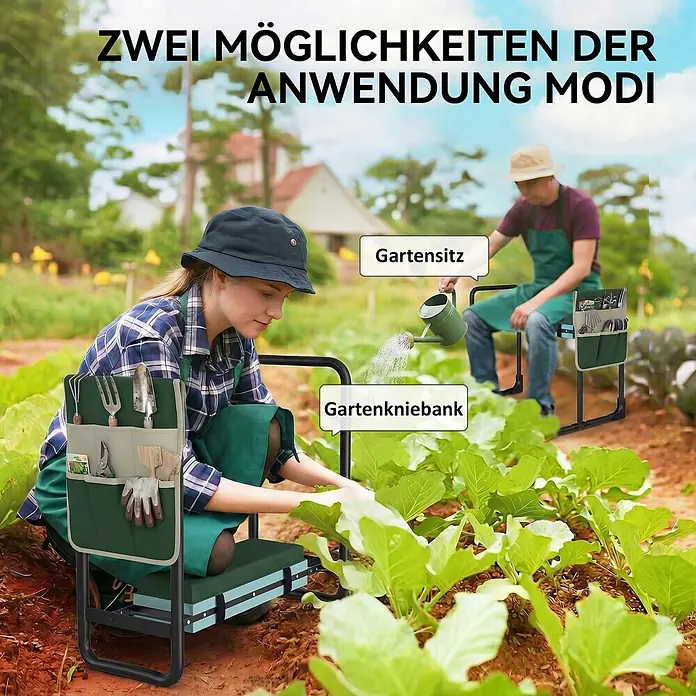 Outsunny Gartenbank Kniebank - Stahl, EVA, Grün, Klappbar - Zwei Personen nutzen eine klappbare dunkelgrün-schwarze Gartenkbank/Sitzbank mit Werkzeugtasche, die ihre Doppelfunktion im Garten zeigt.