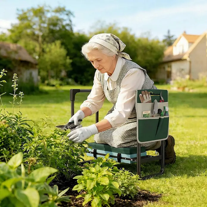 Outsunny Gartenbank Kniebank - Stahl, EVA, Grün, Klappbar - Ältere Frau beim Pflanzenbeschneiden mit schwarzem und grünem Gartenkniesitz und Werkzeugtasche.