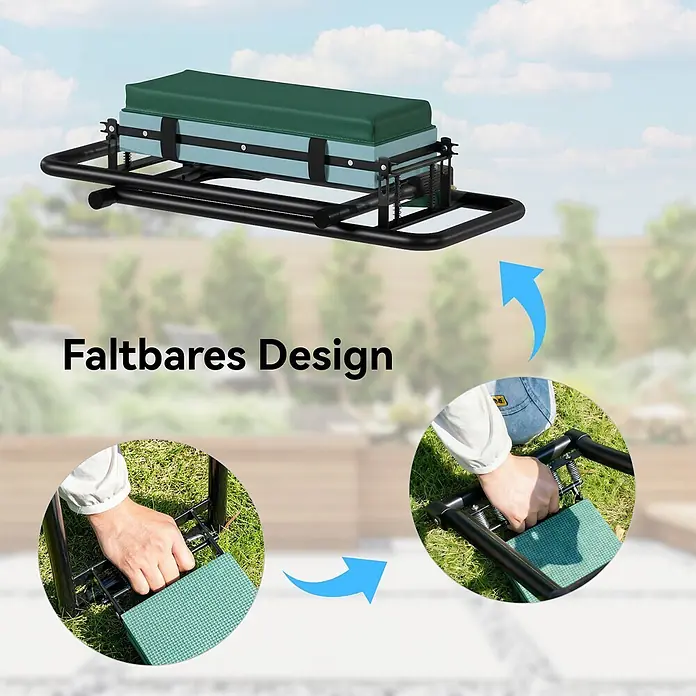 Outsunny Gartenbank Kniebank - Stahl, EVA, Grün, Klappbar - Faltbarer Gartenhocker mit schwarzem Rahmen und grünem Polsterkissen, beim Zusammenklappen gezeigt.