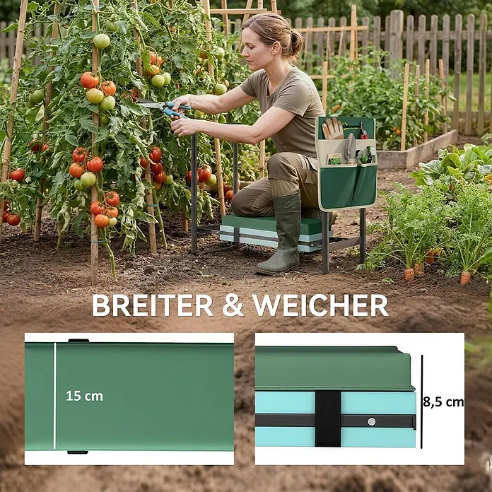 Outsunny Gartenbank Kniebank - Stahl, EVA, Grün, Klappbar - Frau gärtnert mit einem grünen und türkisen faltbaren Gartenhocker mit Werkzeugtasche, als bequemer Sitz oder Knieschoner.