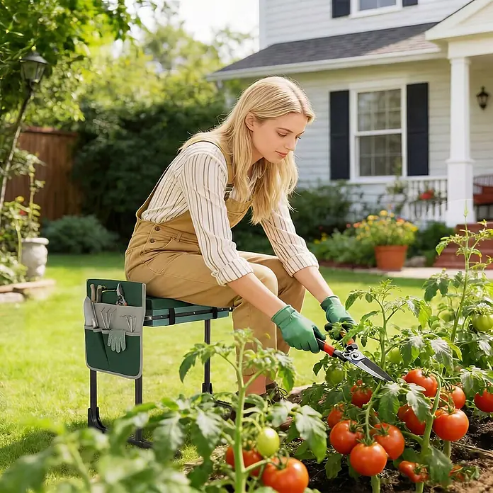 Outsunny Gartenbank Kniebank - Stahl, EVA, Grün, Klappbar - Grüne Gartenbank mit Werkzeugtasche, von einer Frau zum bequemen Gärtnern an Tomatenpflanzen genutzt.