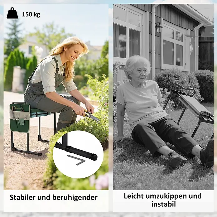 Outsunny Gartenbank Kniebank - Stahl, EVA, Grün, Klappbar - Stabiler grüner und schwarzer Gartenknieschemel/Sitz mit Werkzeugtasche, von einer Frau beim Gärtnern genutzt. Trägt bis zu 150 kg.