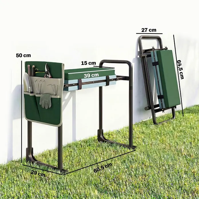 Outsunny Gartenbank Kniebank - Stahl, EVA, Grün, Klappbar - Grüner, gepolsterter Gartenhocker und Kniebank mit seitlicher Werkzeugtasche, mit Maßen offen und zusammengeklappt dargestellt.