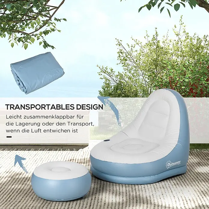 Outsunny Loungemöbel-Set Aufblasbarer Sessel - 2 -tlg., Kunststoff, Weiß, Blau - Blau-weißes aufblasbares Lounge-Sessel- und Hocker-Set, im Freien und auch entleert für den Transport gezeigt.