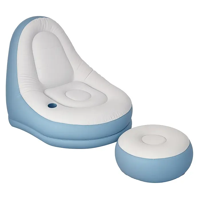 Outsunny Loungemöbel-Set Aufblasbarer Sessel - 2 -tlg., Kunststoff, Weiß, Blau - Blau-weißer aufblasbarer Loungesessel mit Getränkehalter und passendem Hocker.