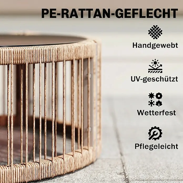 Outsunny Loungemöbel-Set - 4 -tlg., PE Rattan, Metall, Glas, Polyester, Polypropylen Baumwolle, inkl. Kissen, Braun - Nahaufnahme von handgewebten PE-Rattan-Geflechtmöbeln, UV-geschützt, wetterfest und pflegeleicht.