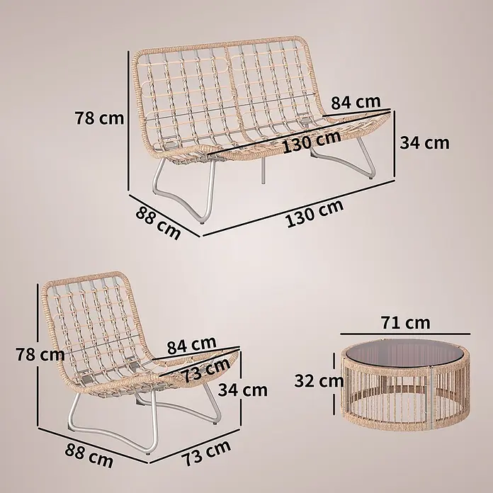 Outsunny Loungemöbel-Set - 4 -tlg., PE Rattan, Metall, Glas, Polyester, Polypropylen Baumwolle, inkl. Kissen, Braun - Helles Rattan-Outdoor-Lounge-Set: Zweisitzer-Sofa, Sessel und runder Couchtisch mit Glasplatte, mit Maßen.