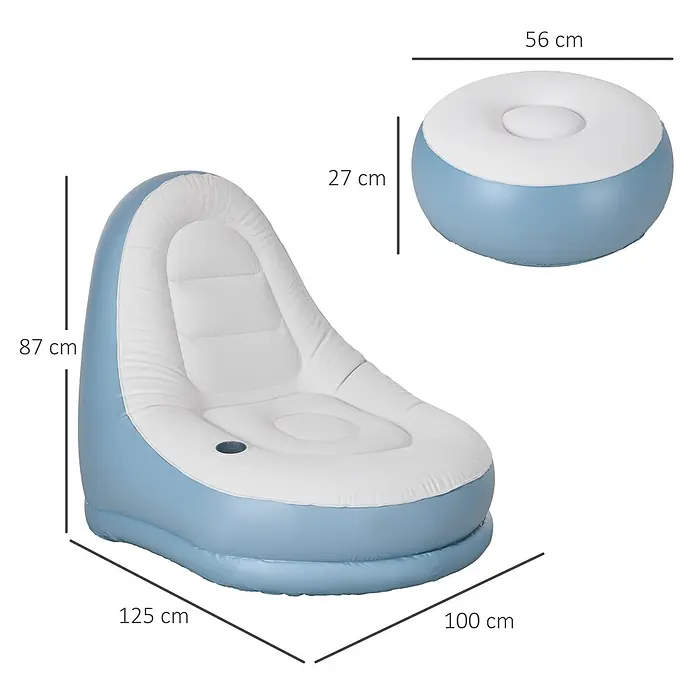 Outsunny Loungemöbel-Set Aufblasbarer Sessel - 2 -tlg., Kunststoff, Weiß, Blau - Hellblau-weißer aufblasbarer Loungesessel mit Getränkehalter und passendem Hocker, Maße dargestellt.