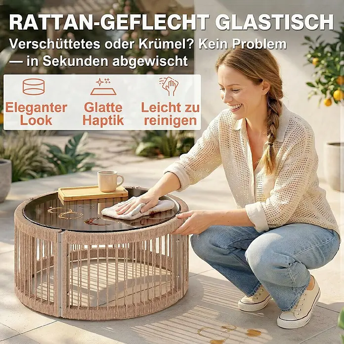 Outsunny Loungemöbel-Set - 4 -tlg., PE Rattan, Metall, Glas, Polyester, Polypropylen Baumwolle, inkl. Kissen, Braun - Frau wischt verschüttetes von einem runden, beigen Rattangeflecht-Glastisch im Freien ab.