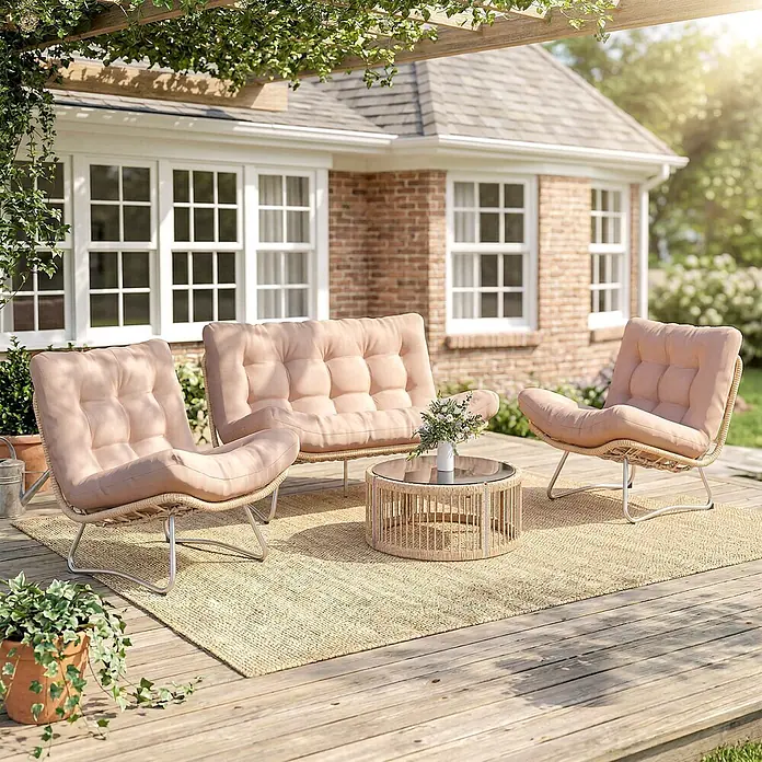Outsunny Loungemöbel-Set - 4 -tlg., PE Rattan, Metall, Glas, Polyester, Polypropylen Baumwolle, inkl. Kissen, Braun - Eine beige Outdoor-Lounge-Sitzgruppe mit zwei Stühlen, einem Sofa und einem Couchtisch auf einer Holzterrasse.
