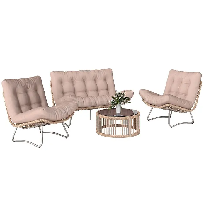 Outsunny Loungemöbel-Set - 4 -tlg., PE Rattan, Metall, Glas, Polyester, Polypropylen Baumwolle, inkl. Kissen, Braun - Outdoor-Lounge-Set mit zwei beigen Polstersesseln, einem passenden Zweisitzer-Sofa und einem runden Couchtisch mit Glasplatte und Rattan-Basis.