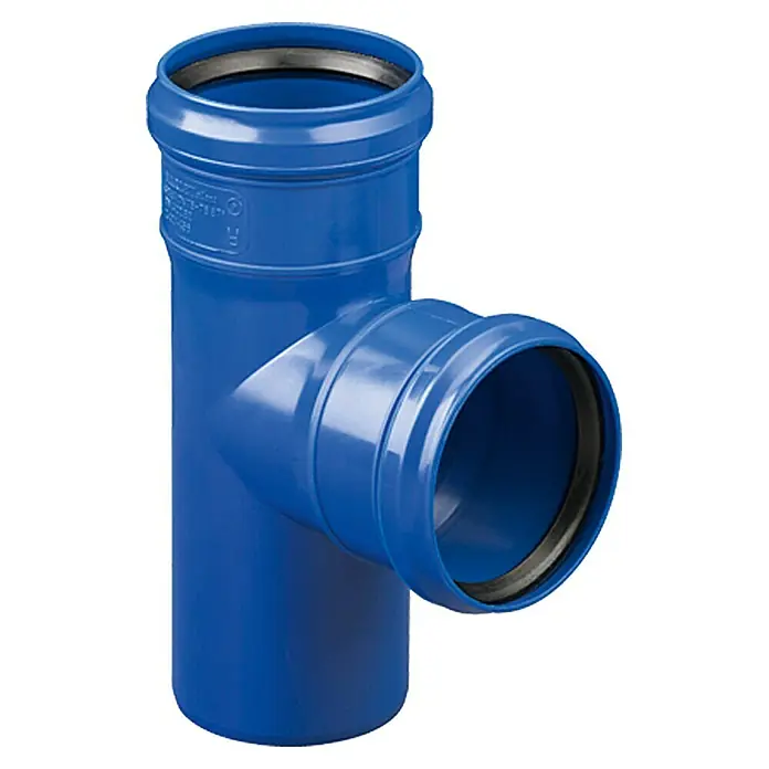 HT-Abzweig Silent - Nennweite: DN 110/110, 87 ° - Blaues T-Stück-Abwasserrohr mit drei Anschlüssen, geeignet für Sanitär- und Entwässerungssysteme.