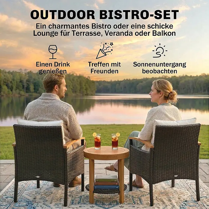 Outsunny Loungemöbel-Set - 3 -tlg., PE-Rattan, Stahl, Polyester, Akazienholz, Schaumstoff, PP-Baumwolle, inkl. Kissen, Braun, Cremeweiß, Naturholz - Outdoor Bistro-Set mit zwei dunkelbraunen Sessel, weißen Kissen und einem runden Holztisch. Ideal zum Entspannen im Freien.