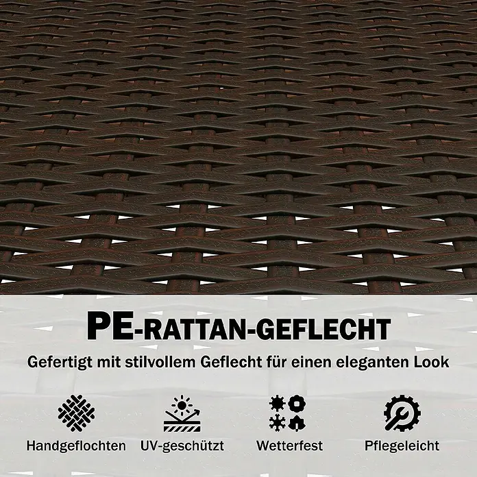 Outsunny Loungemöbel-Set - 3 -tlg., PE-Rattan, Stahl, Polyester, Akazienholz, Schaumstoff, PP-Baumwolle, inkl. Kissen, Braun, Cremeweiß, Naturholz - Nahaufnahme von braunem PE-Rattan-Geflecht mit texturierter Oberfläche und elegantem Muster.