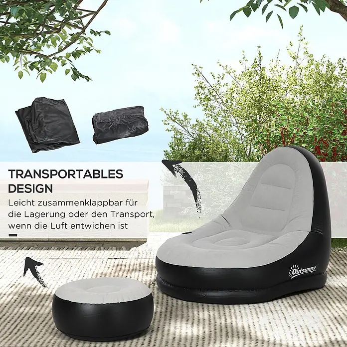 Outsunny Loungemöbel-Set Aufblasbarer Sessel - 2 -tlg., Kunststoff, Hellgrau, Schwarz - Grau-schwarzer aufblasbarer Sessel und Ottoman, aufgeblasen im Freien und entleert/gefaltet für einfachen Transport gezeigt.