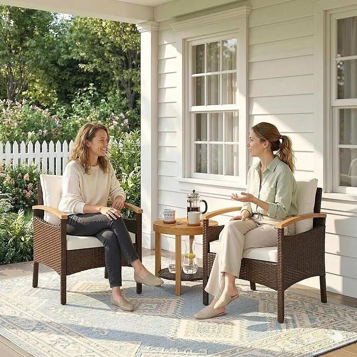 Outsunny Loungemöbel-Set - 3 -tlg., PE-Rattan, Stahl, Polyester, Akazienholz, Schaumstoff, PP-Baumwolle, inkl. Kissen, Braun, Cremeweiß, Naturholz - Zwei braune Outdoor-Sessel aus Polyrattan mit weißen Kissen und Beistelltisch auf einer Veranda.