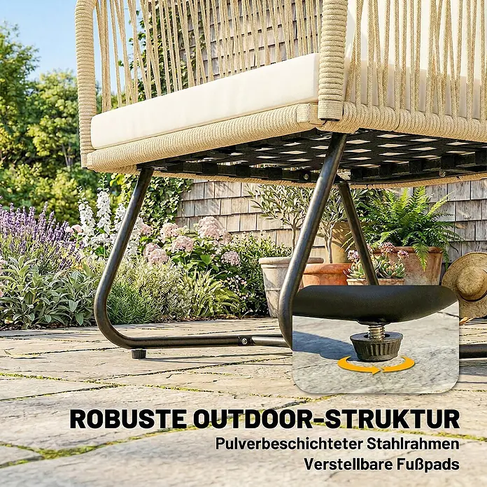 Outsunny Loungemöbel-Set - 3 -tlg., PP-Rattan, Stahl, Polyester, Akazienholz, Schaumstoff, PP-Baumwolle, inkl. Kissen, Beige, Cremeweiß, Teak - Nahaufnahme der robusten, pulverbeschichteten Stahlrahmenbasis eines Gartenstuhls mit verstellbaren Fußpads für Stabilität.