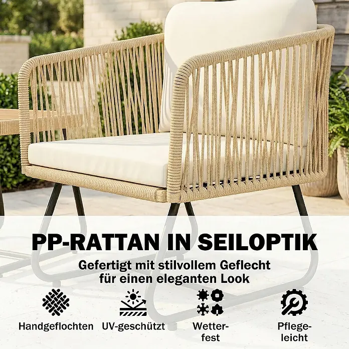 Outsunny Loungemöbel-Set - 3 -tlg., PP-Rattan, Stahl, Polyester, Akazienholz, Schaumstoff, PP-Baumwolle, inkl. Kissen, Beige, Cremeweiß, Teak - Beiger Garten-Sessel aus PP-Rattan in Seiloptik mit cremefarbenen Kissen, im Freien stehend.