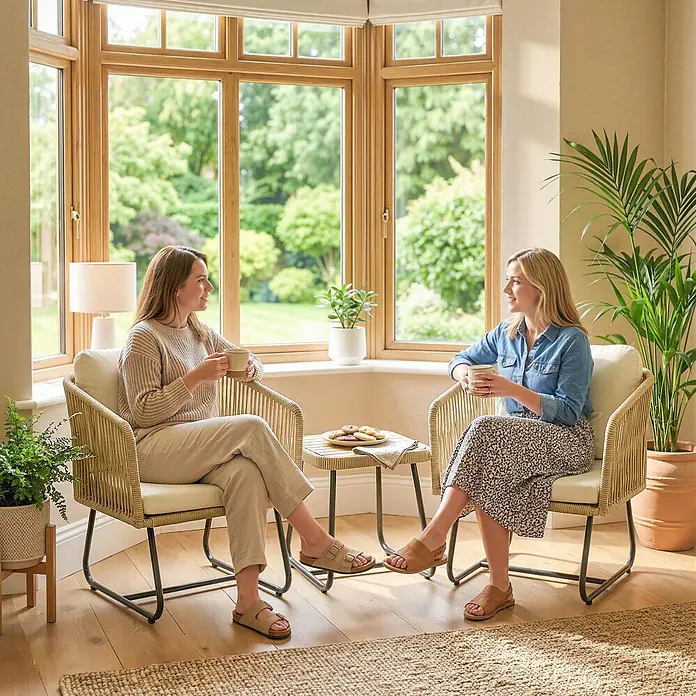 Outsunny Loungemöbel-Set - 3 -tlg., PP-Rattan, Stahl, Polyester, Akazienholz, Schaumstoff, PP-Baumwolle, inkl. Kissen, Beige, Cremeweiß, Teak - Zwei Frauen entspannen in Naturrattanstühlen mit cremefarbenen Kissen, unterhalten sich bei Kaffee und Keksen am Erkerfenster.