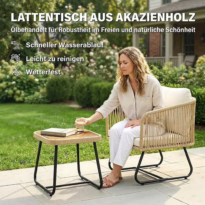 Outsunny Loungemöbel-Set - 3 -tlg., PP-Rattan, Stahl, Polyester, Akazienholz, Schaumstoff, PP-Baumwolle, inkl. Kissen, Beige, Cremeweiß, Teak - Ölbehandelter Akazienholz-Lattentisch mit schwarzen Metallbeinen, wetterfest und für den Außenbereich geeignet.