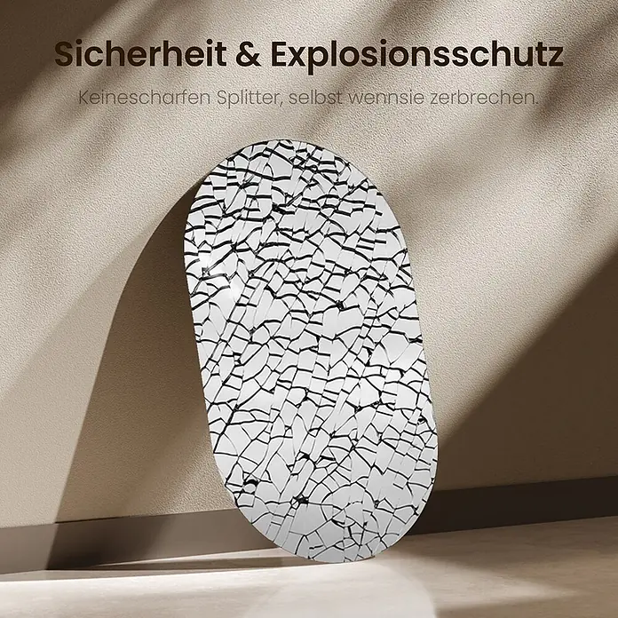 Emke Wandspiegel OM17 -  - Zerbrochener Sicherheitsspiegel, der keine scharfen Splitter bildet.