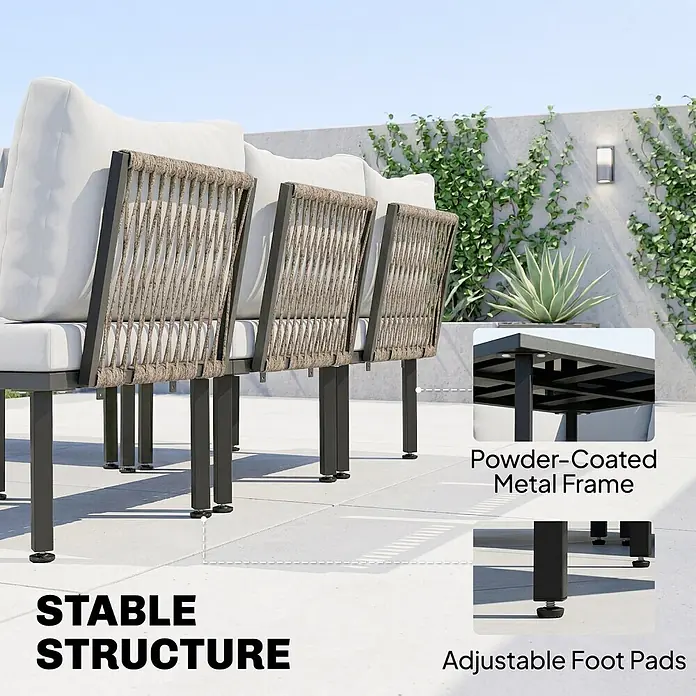 Outsunny Loungemöbel-Set - 6 -tlg., Metall, Polyester, Schaumstoff, PP-Baumwolle, Verstellbare Füße, Hellgrau - Gartensofa mit pulverbeschichtetem Metallrahmen, hellen Polstern, geflochtenen Seillehnen und verstellbaren Füßen für Stabilität.