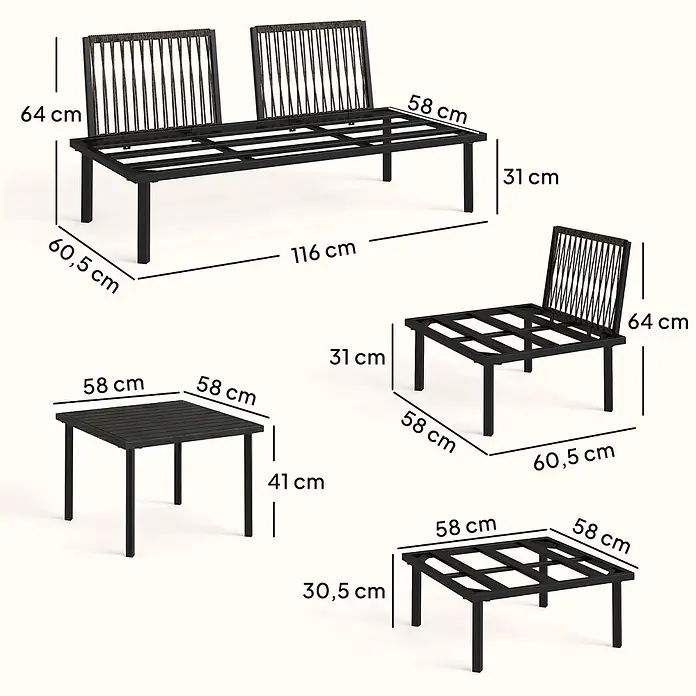 Outsunny Loungemöbel-Set - 6 -tlg., Metall, Polyester, Schaumstoff, PP-Baumwolle, Verstellbare Füße, Hellgrau - Schwarzmetall-Gartenlounge-Set mit braunen Flechtdetails, bestehend aus einer 2er-Bank, Sessel und zwei Tischen, mit Maßen.