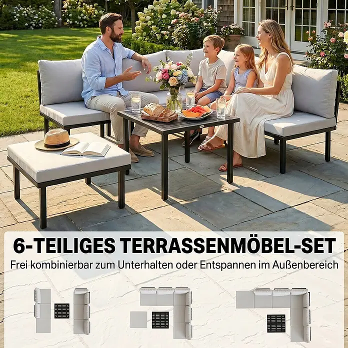 Outsunny Loungemöbel-Set - 6 -tlg., Metall, Polyester, Schaumstoff, PP-Baumwolle, Verstellbare Füße, Hellgrau - 6-teiliges modulares Terrassenmöbel-Set mit hellgrauen Kissen und dunklem Metallrahmen, im Freien von einer Familie genutzt.