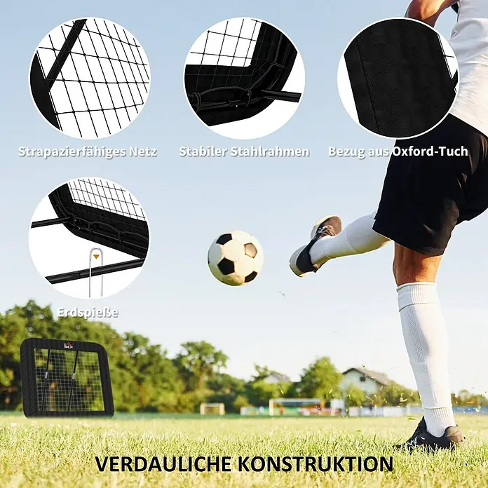 Homcom Sportnetz Rebounder - Metall, Schwarz - Schwarzes Fußball-Rebounder mit strapazierfähigem Netz, stabilem Stahlrahmen, Oxford-Stoffbezug und Erdspießen, auf Grasfeld.