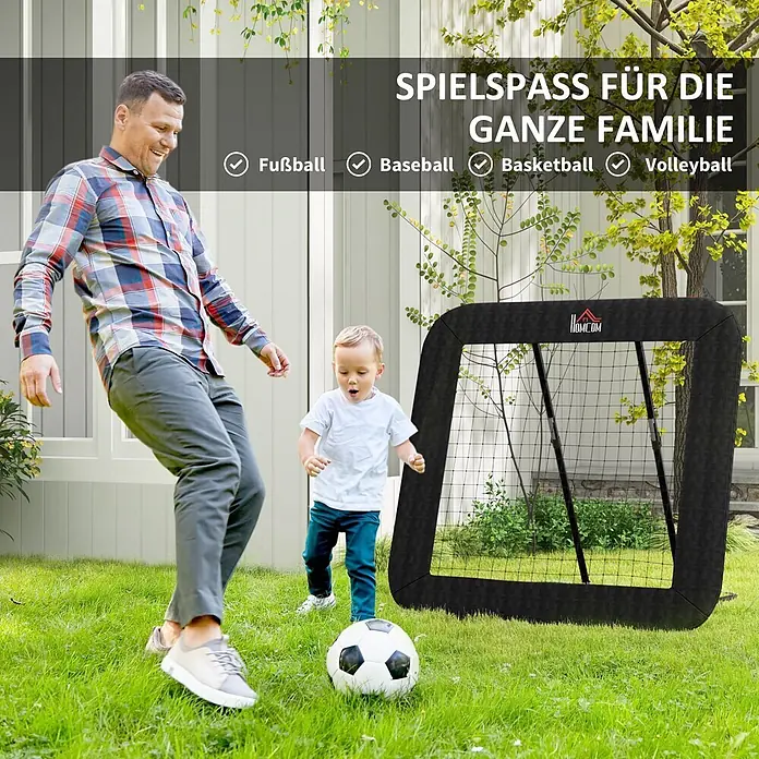 Homcom Sportnetz Rebounder - Metall, Schwarz - Schwarzes Mehrzwecktor, von Erwachsenem und Kind beim Fußballspielen im Garten genutzt.