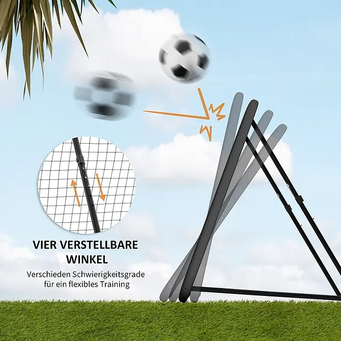 Homcom Sportnetz Rebounder - Metall, Schwarz - Schwarzes Fußball-Rebounder mit vier einstellbaren Winkeln für vielseitiges Training, gezeigt mit Bällen, die vom Netz auf Kunstrasen abprallen.