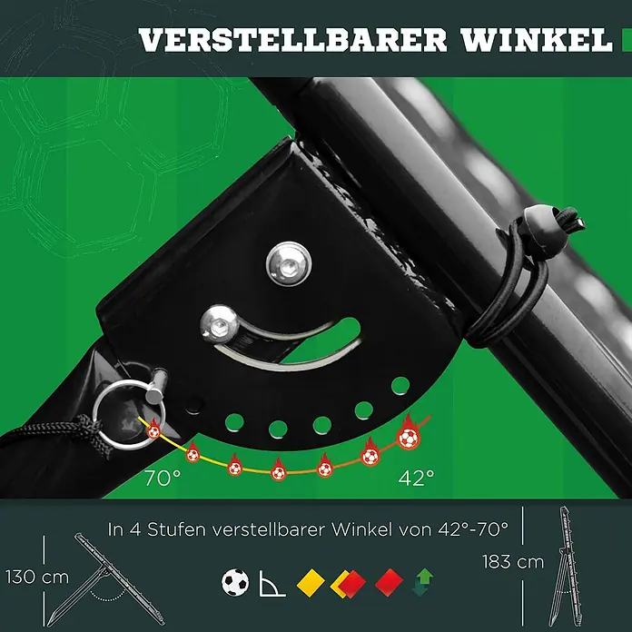 Homcom Sportnetz Rebounder - Metall, Schwarz - Schwarzer verstellbarer Mechanismus für eine Sport-Rebounder, bietet 4 Winkeleinstellungen zwischen 42° und 70°. Maße 130x183 cm.