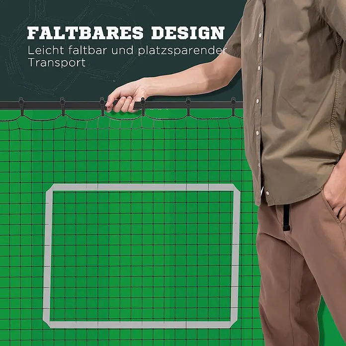 Homcom Sportnetz Rebounder - Metall, Schwarz - Person hält ein grünes, faltbares Sportnetz mit weißer Torlinienmarkierung. Zeigt kompaktes, tragbares Design.