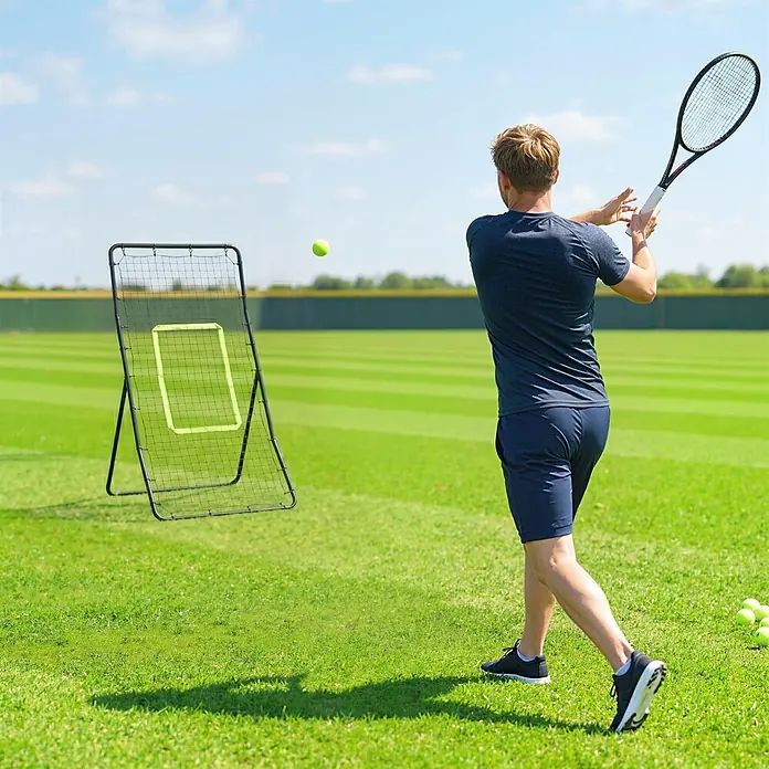 Homcom Sportnetz Rebounder - Stahl, Schwarz - Ein schwarzes Tennis-Rebounder-Netz mit neongelbem Zielrechteck, während eine Person damit Tennis spielt.