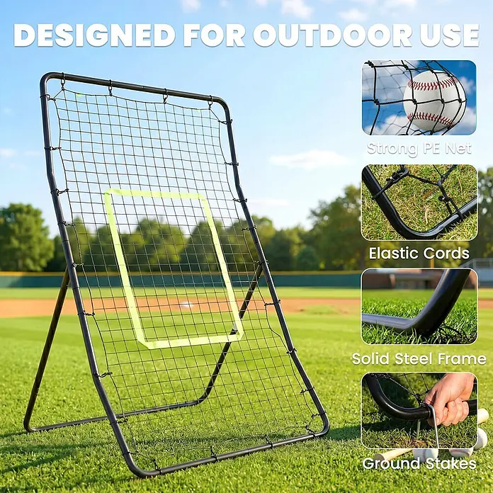 Homcom Sportnetz Rebounder - Stahl, Schwarz - Schwarzes Baseball-Rückprallnetz aus Stahl mit schwarzem PE-Netz und neongrünem Ziel, für Outdoor-Training auf einem Baseballfeld.
