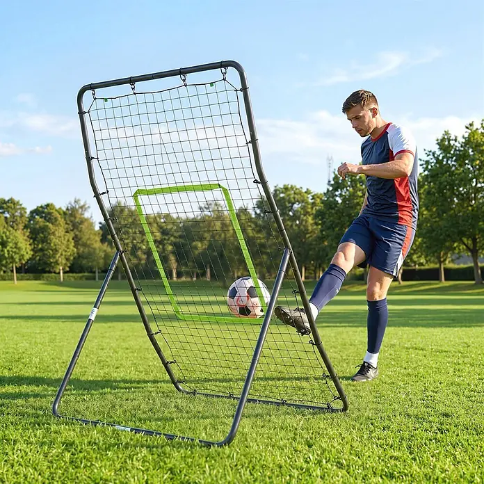 Homcom Sportnetz Rebounder - Stahl, Schwarz - Mann tritt Fußball in schwarzes Metall-Rückprallnetz mit grüner Zielmarkierung, übend im Freien.