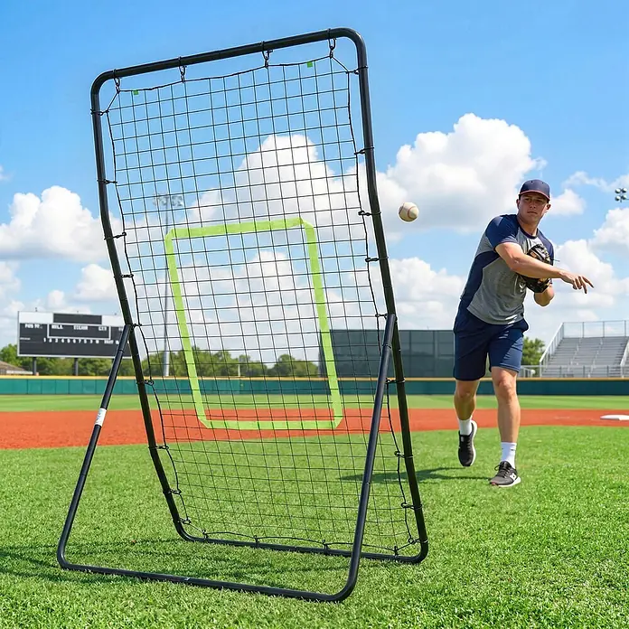 Homcom Sportnetz Rebounder - Stahl, Schwarz - Schwarzes Baseball-Pitching-Netz mit grünem Ziel, zum Wurftraining auf einem Feld.