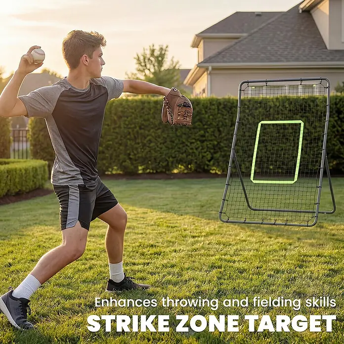 Homcom Sportnetz Rebounder - Stahl, Schwarz - Eine Person wirft einen Baseball auf ein dunkelgraues Übungsnetz mit hellgrünem Ziel im Garten.