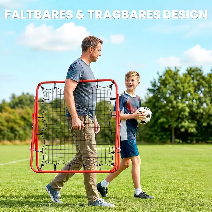 Homcom Sportnetz Rebounder - Kunststoff, Rot - Rotes, faltbares Fußball-Rebounder-Netz, getragen von einem Mann, neben einem Jungen mit Ball.