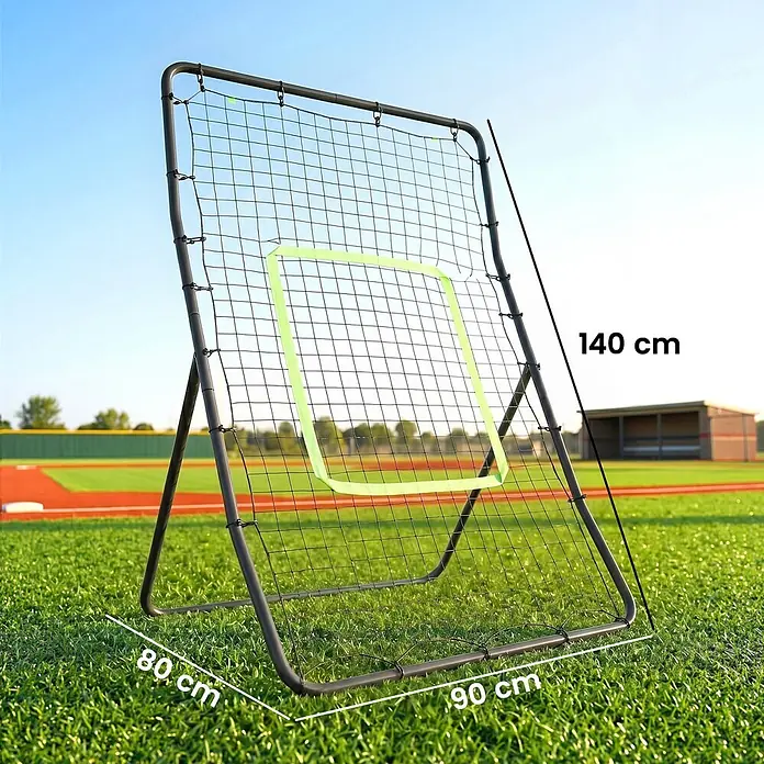 Homcom Sportnetz Rebounder - Stahl, Schwarz - Dunkelgraues Sport-Rebounder-Netz mit schwarzem Netz und grünem Ziel, auf einem Baseballfeld, 140x90x80 cm groß.