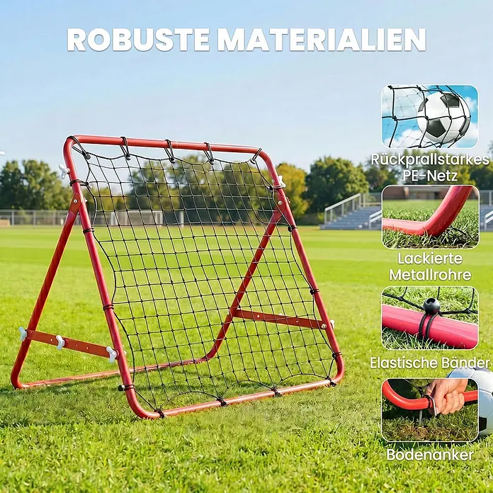 Homcom Sportnetz Rebounder - Kunststoff, Rot - Roter Fußball-Rebounder, mit robusten Materialien wie starkem PE-Netz, lackiertem Metallrahmen, elastischen Bändern und Bodenankern.
