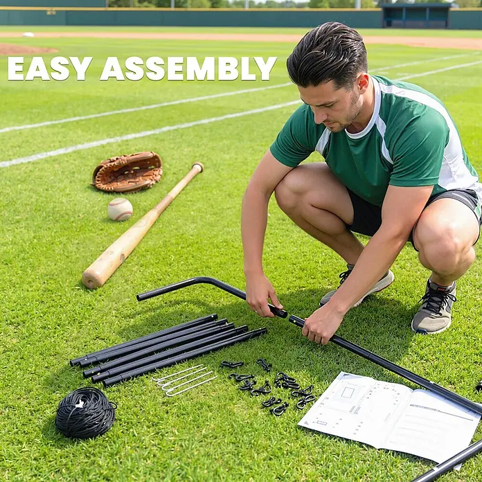 Homcom Sportnetz Rebounder - Stahl, Schwarz - Mann montiert schwarze Metallrahmenteile: Stangen, Verbinder, Seil, Klammern, mit Anleitung. Ein Baseballhandschuh, Schläger und Ball liegen daneben.